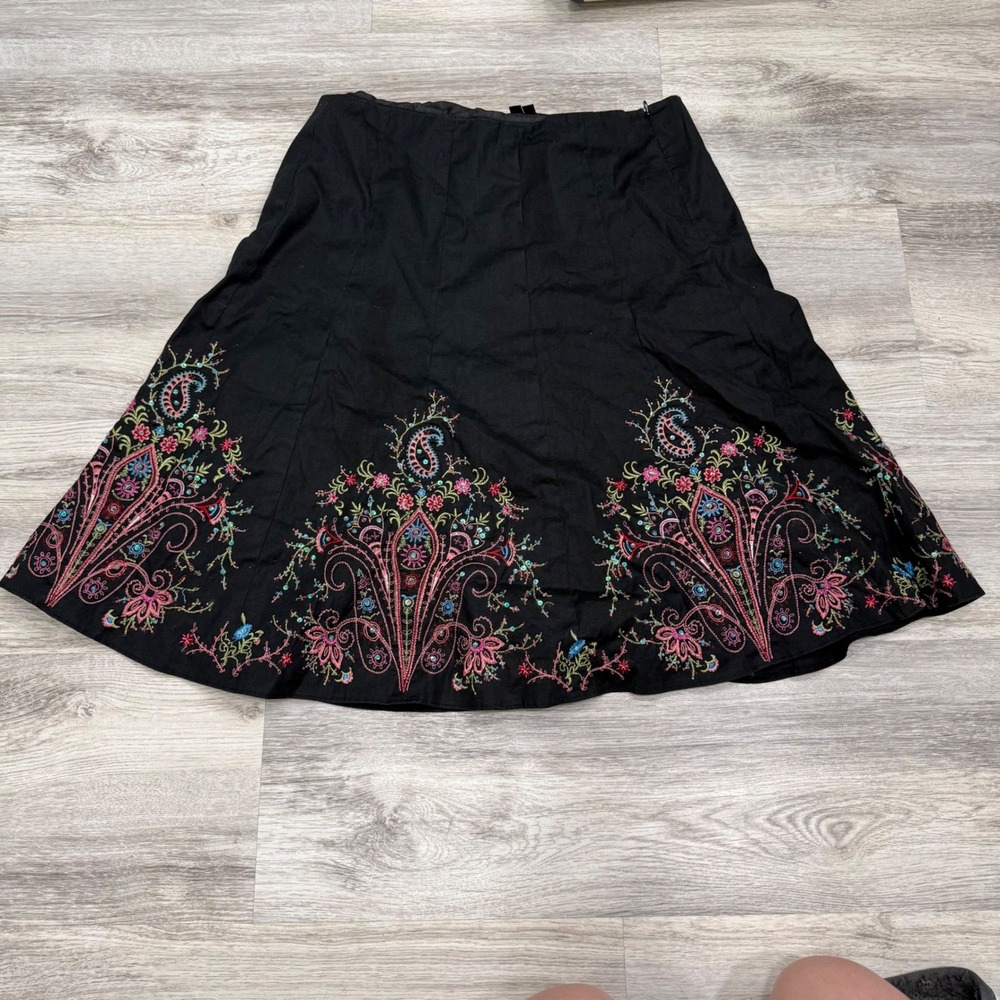 ECI New York Black Embroidered Sequin Paisley A-Line Midi Skirt Womens 10